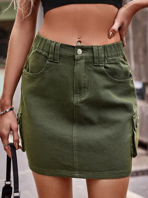 Trendy & Practical: Cargo Denim Mini Skirt - Flap Pockets