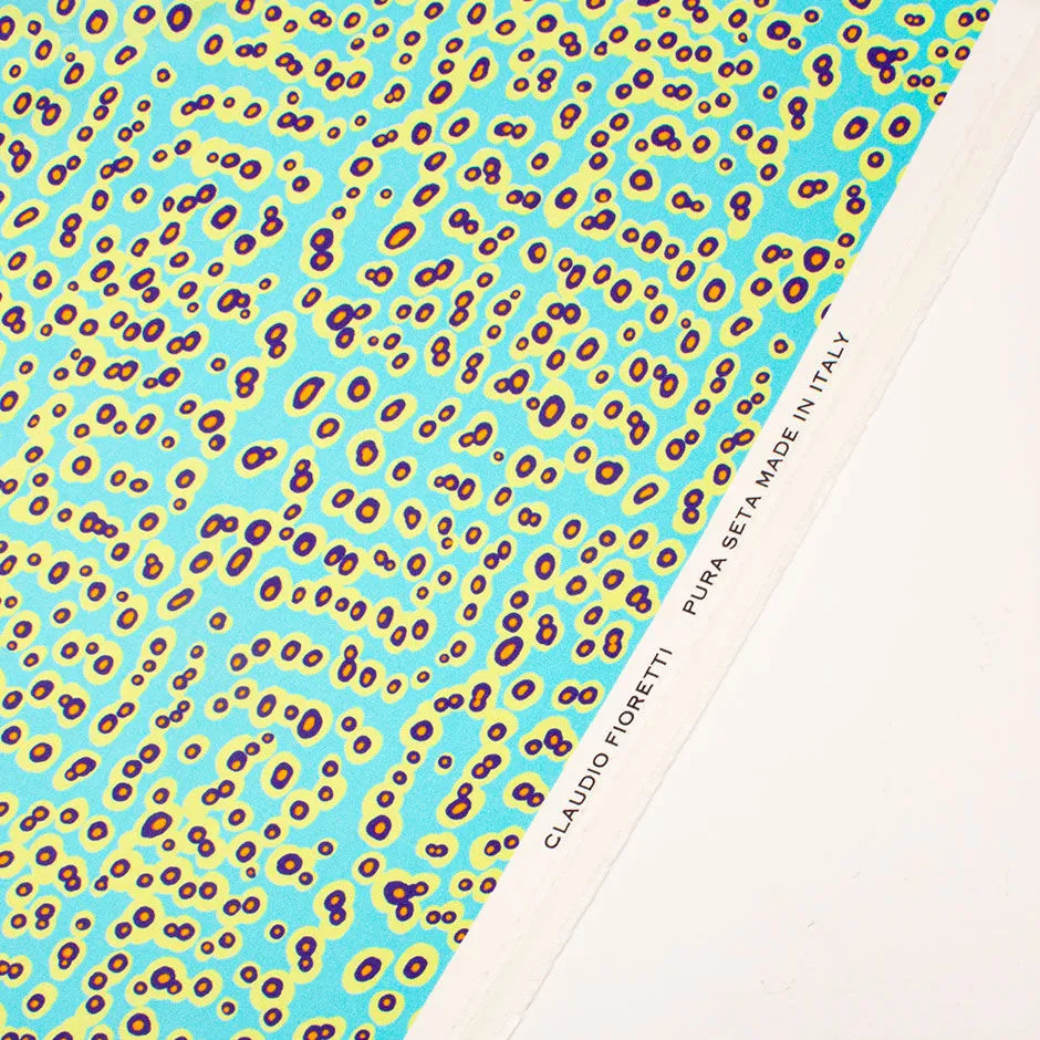 Turquoise, Lime & Blue Spot Printed Pure Silk Twill