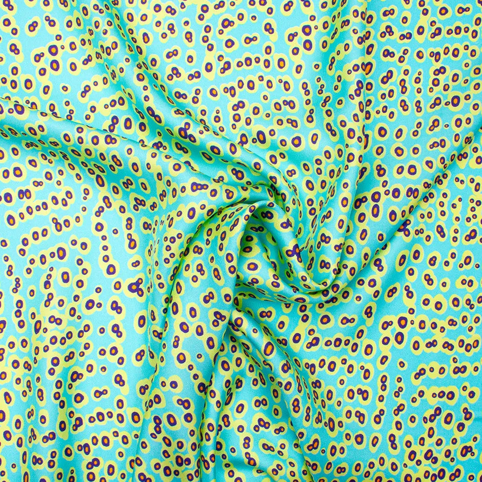 Turquoise, Lime & Blue Spot Printed Pure Silk Twill