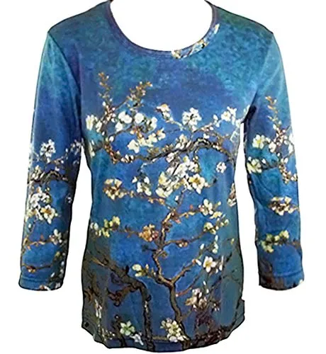 Van Gogh Almond Branch, Scoop Neck 3/4 Sleeve Hand Silk-Screened Art Top