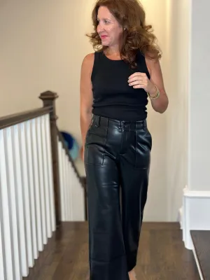 Vegan Leather Wide Leg Pant in Black