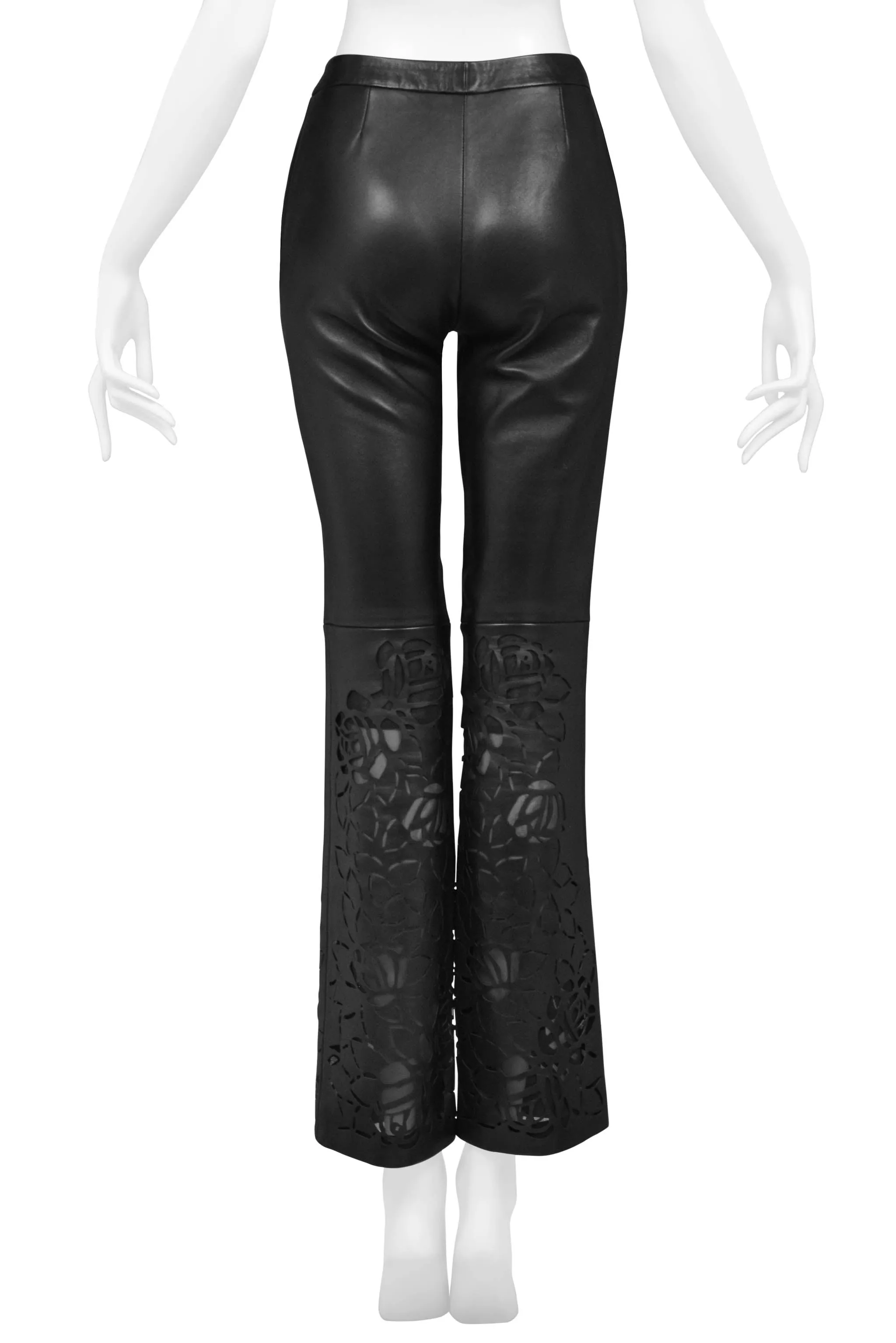 VERSACE BLACK LEATHER PANTS WITH FLORAL LASER CUTOUTS