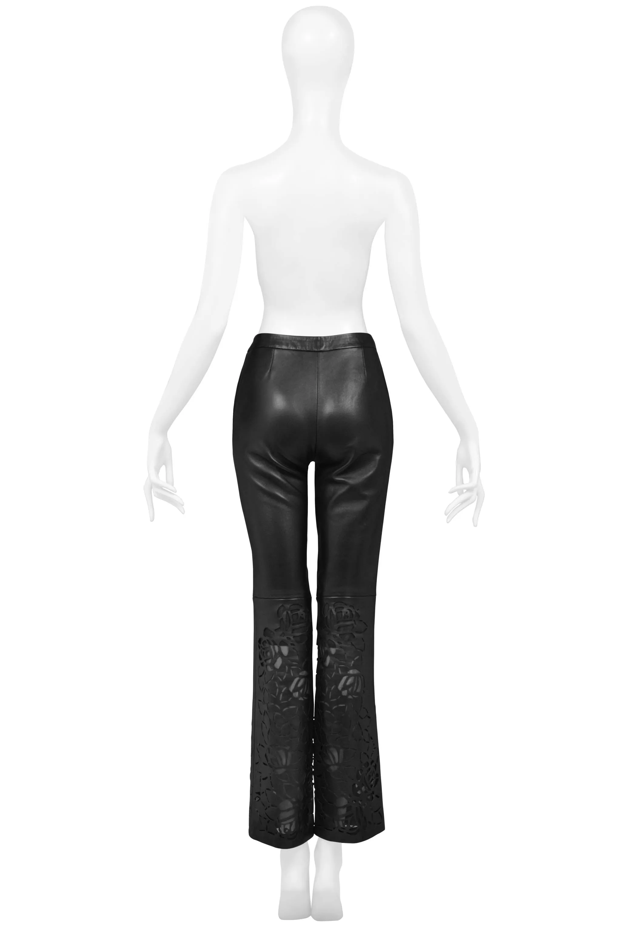 VERSACE BLACK LEATHER PANTS WITH FLORAL LASER CUTOUTS