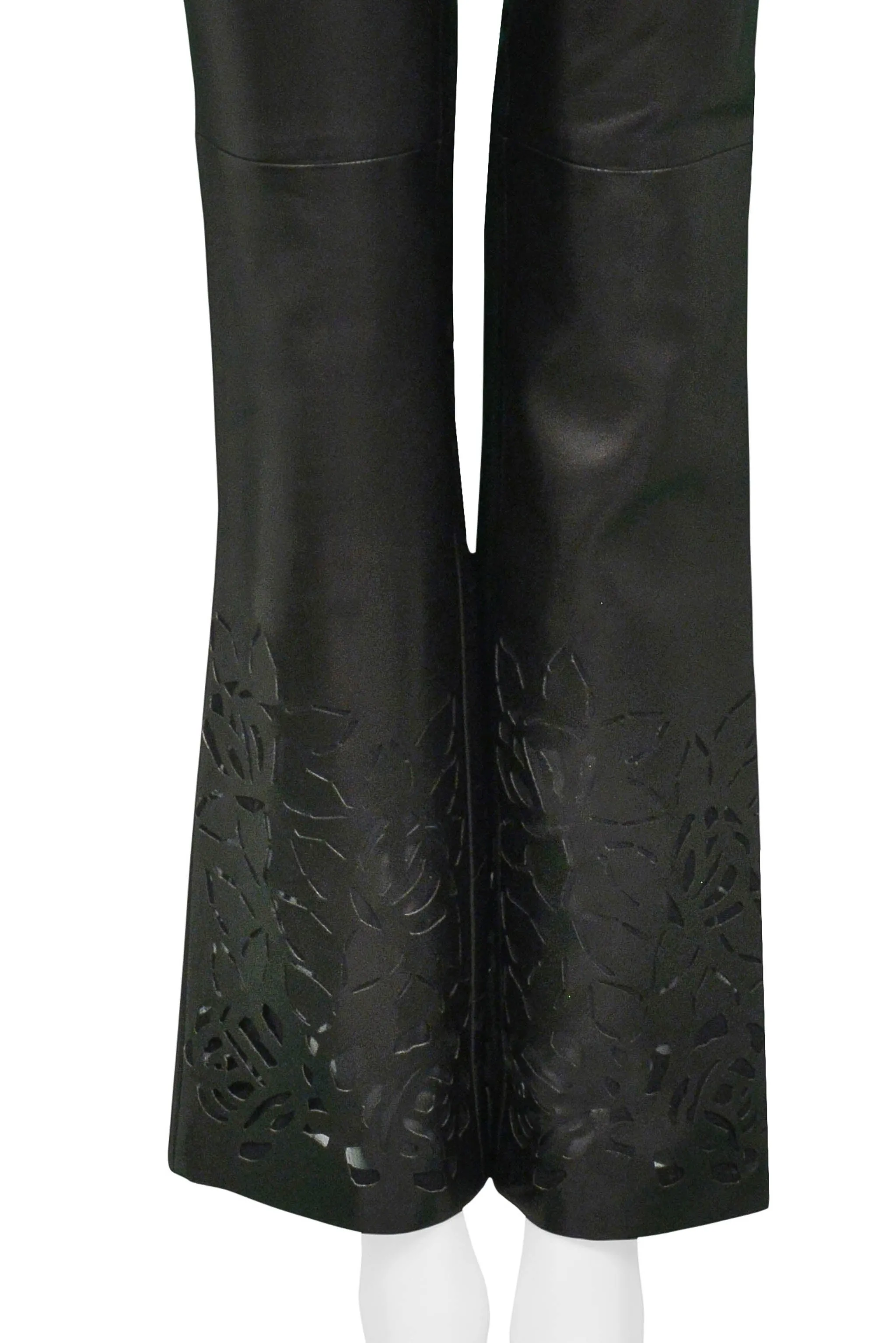 VERSACE BLACK LEATHER PANTS WITH FLORAL LASER CUTOUTS