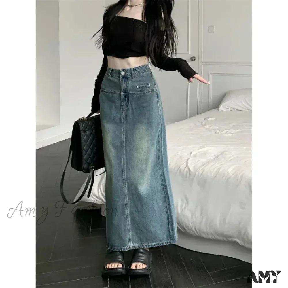 Vintage Hong Kong Style High-Waisted A-Line Denim Slit Side Design Versatile Long Skirt