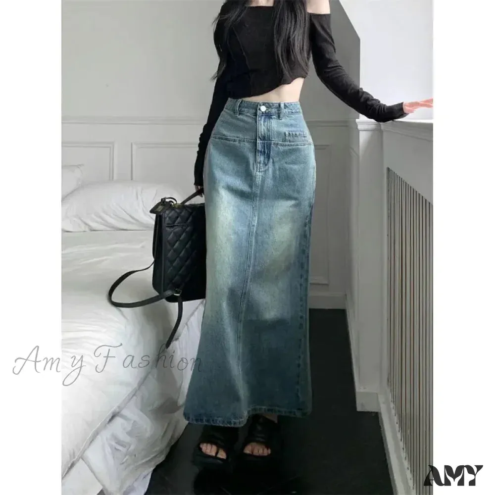 Vintage Hong Kong Style High-Waisted A-Line Denim Slit Side Design Versatile Long Skirt