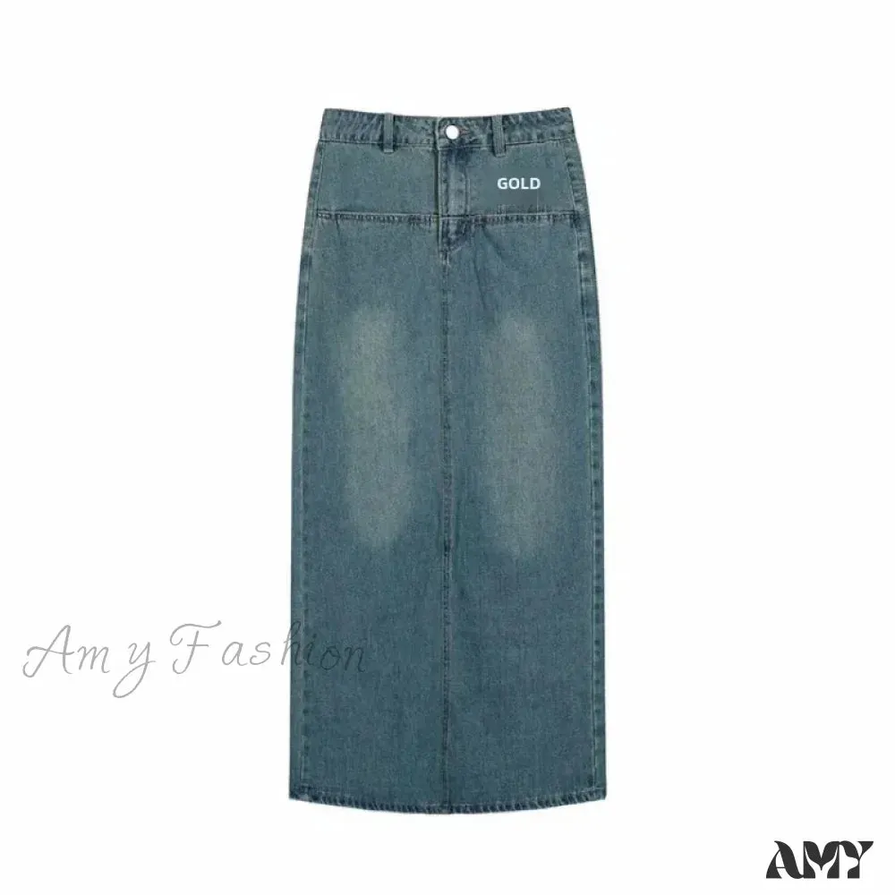 Vintage Hong Kong Style High-Waisted A-Line Denim Slit Side Design Versatile Long Skirt