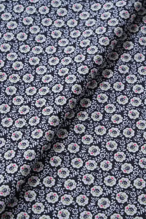 White Floral Pattern Digital Print On Black French Crepe Fabric