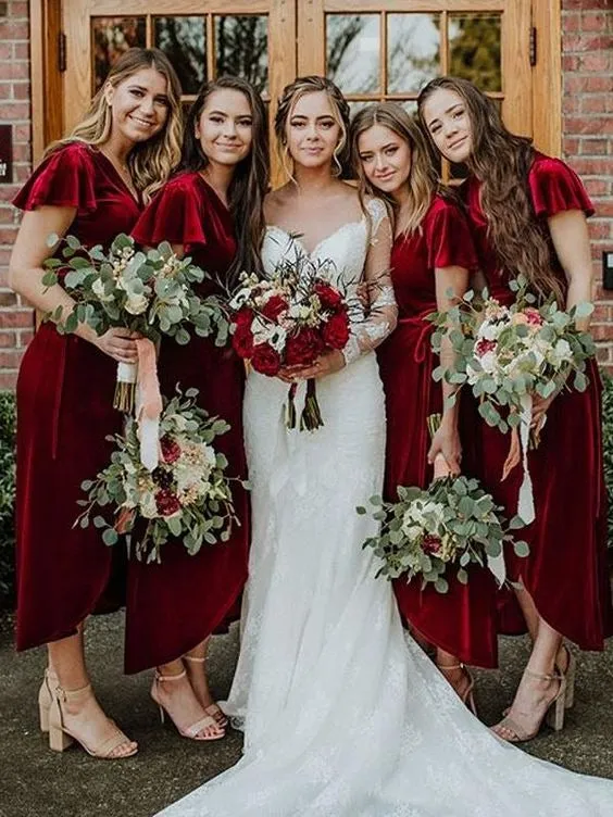 Winter Velvet V-Neck Bridesmaid Dresses High-Low Tea-Length Wedding Party Dresses