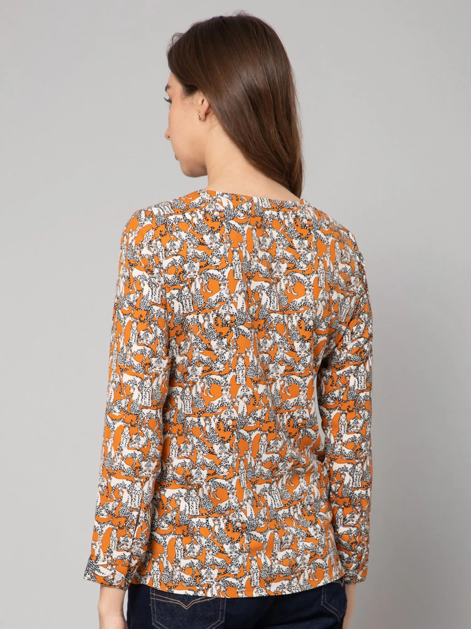 Women's Casual  Orange Animal print Mandarin Collar Tunic