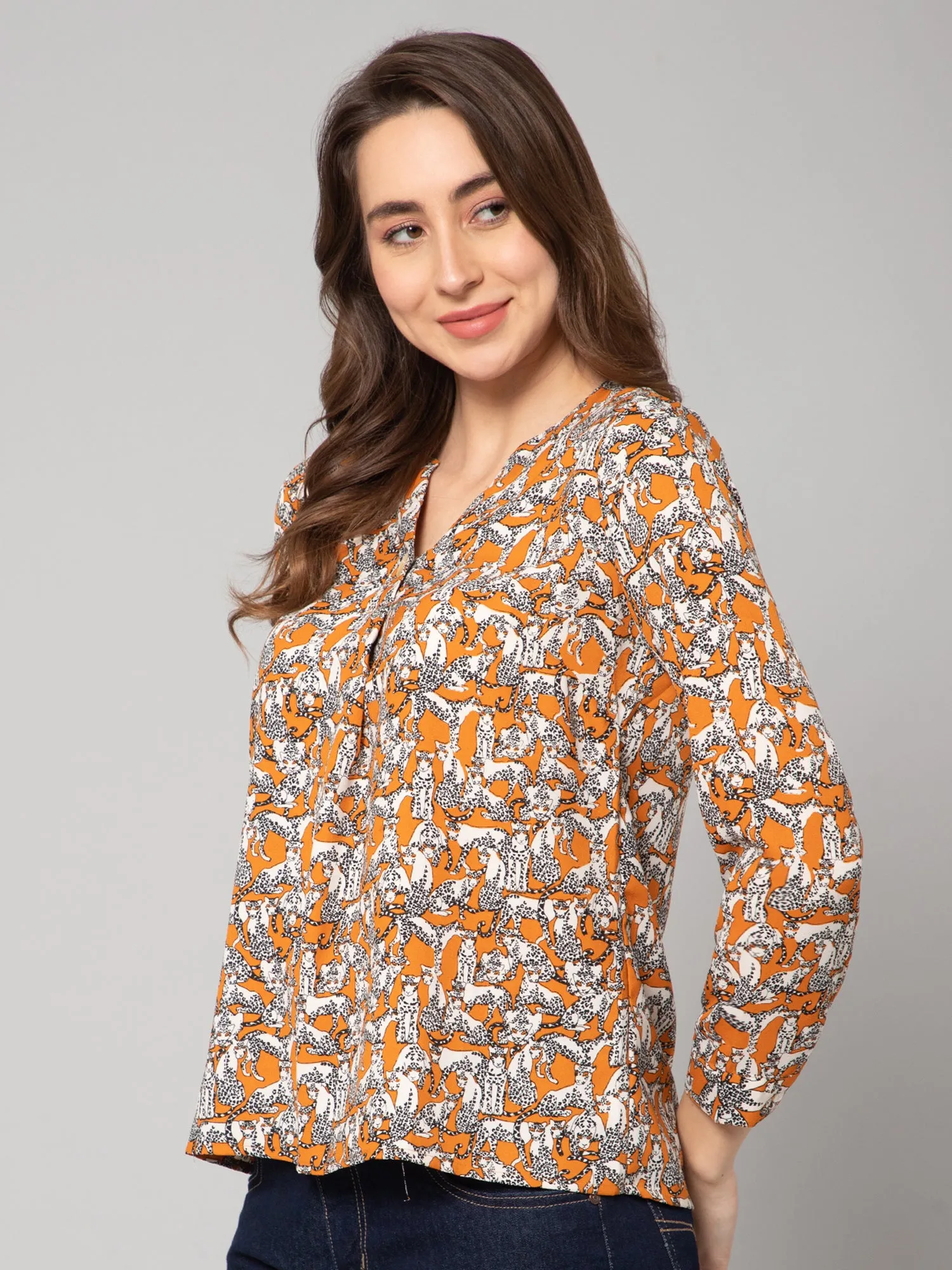 Women's Casual  Orange Animal print Mandarin Collar Tunic