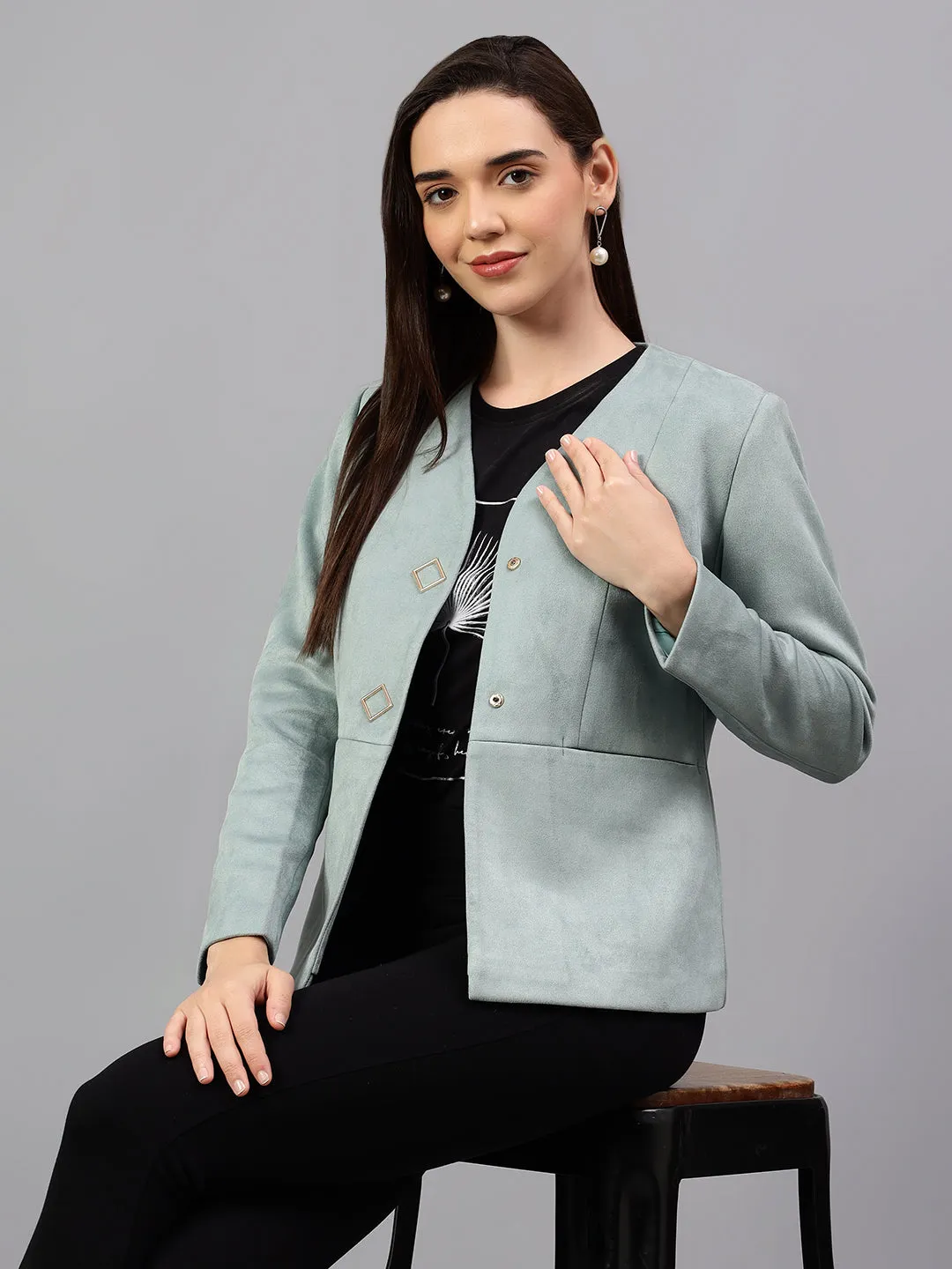 Women's Green Solid Casual Winter Blazer