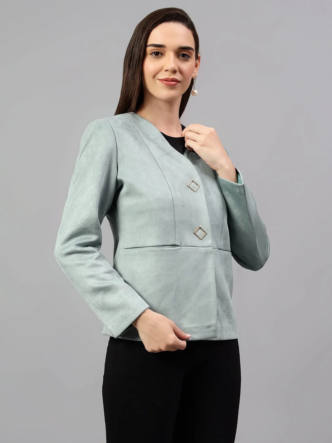 Women's Green Solid Casual Winter Blazer