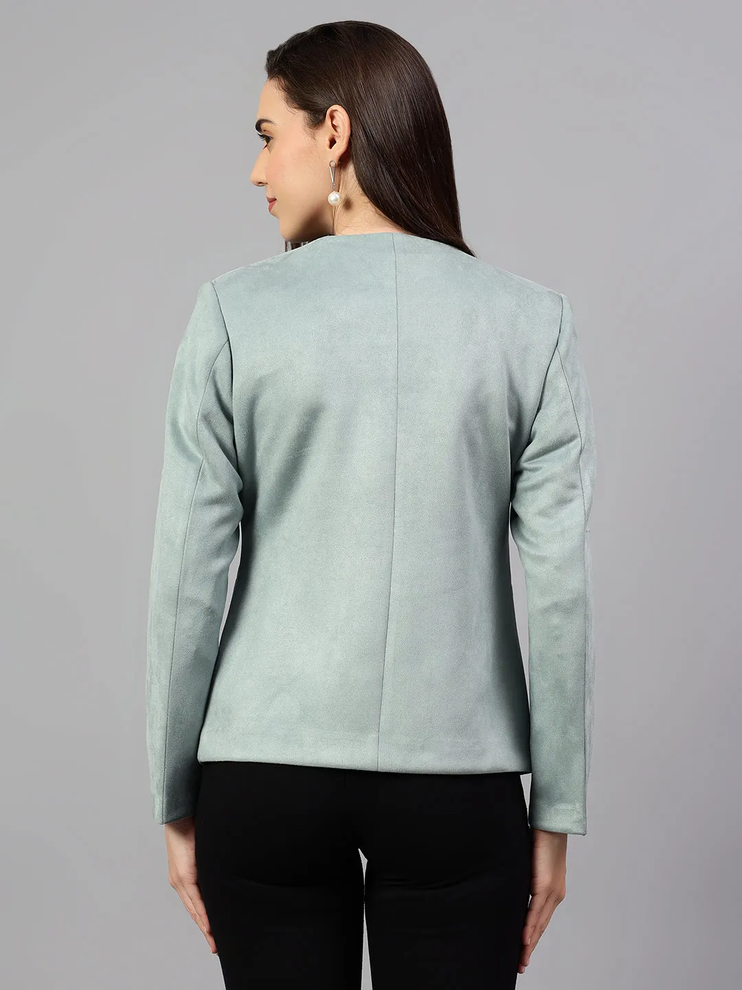 Women's Green Solid Casual Winter Blazer