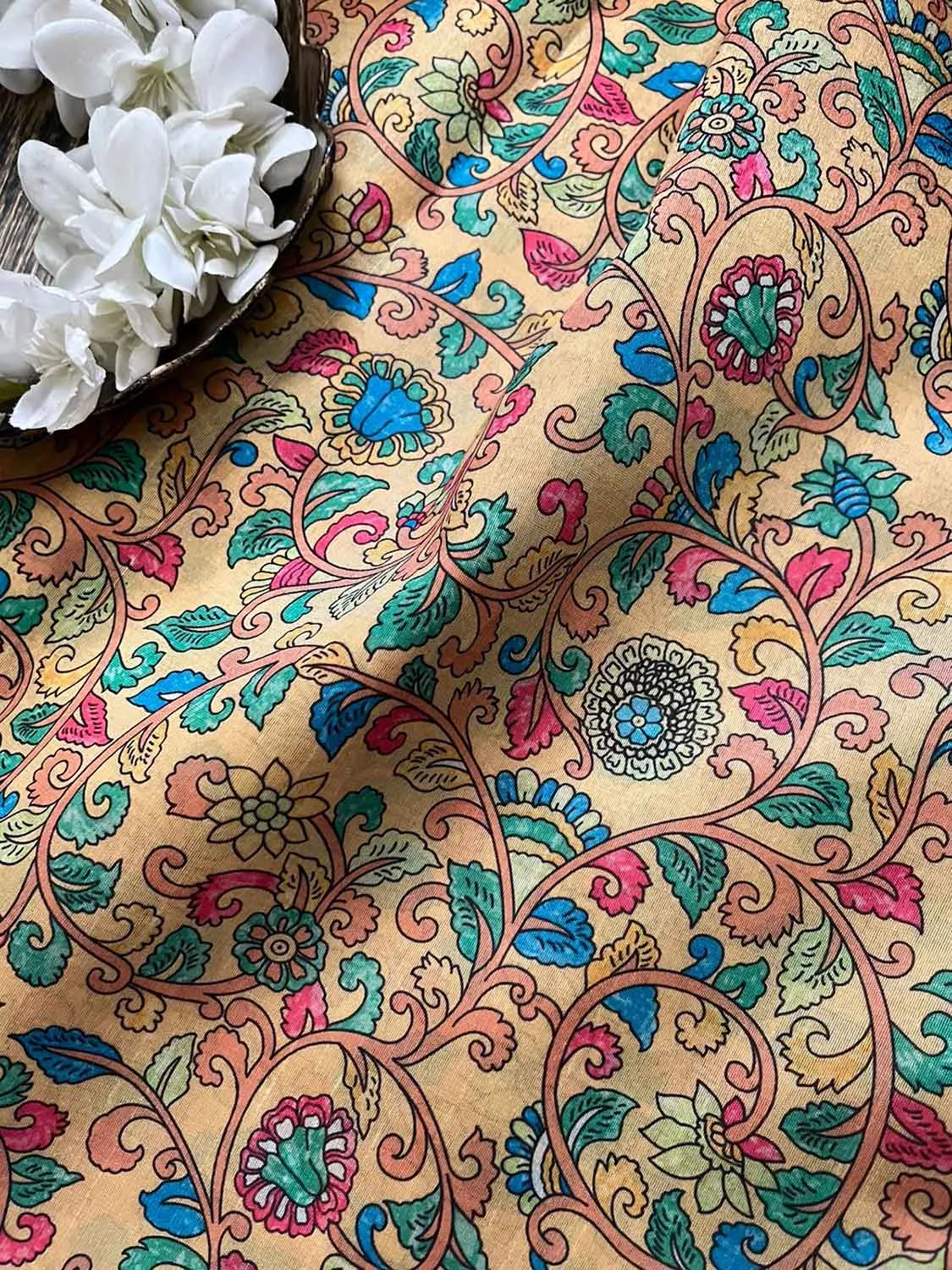 Yellow Kalamkari Tussar Silk Fabric - Digital Print (1 Mtr)