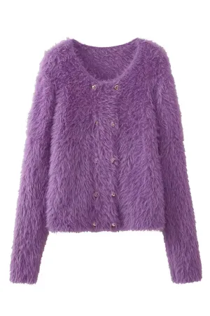 'Zadie' Fuzzy Round Neck Knitted Cardigan (4 Colors)