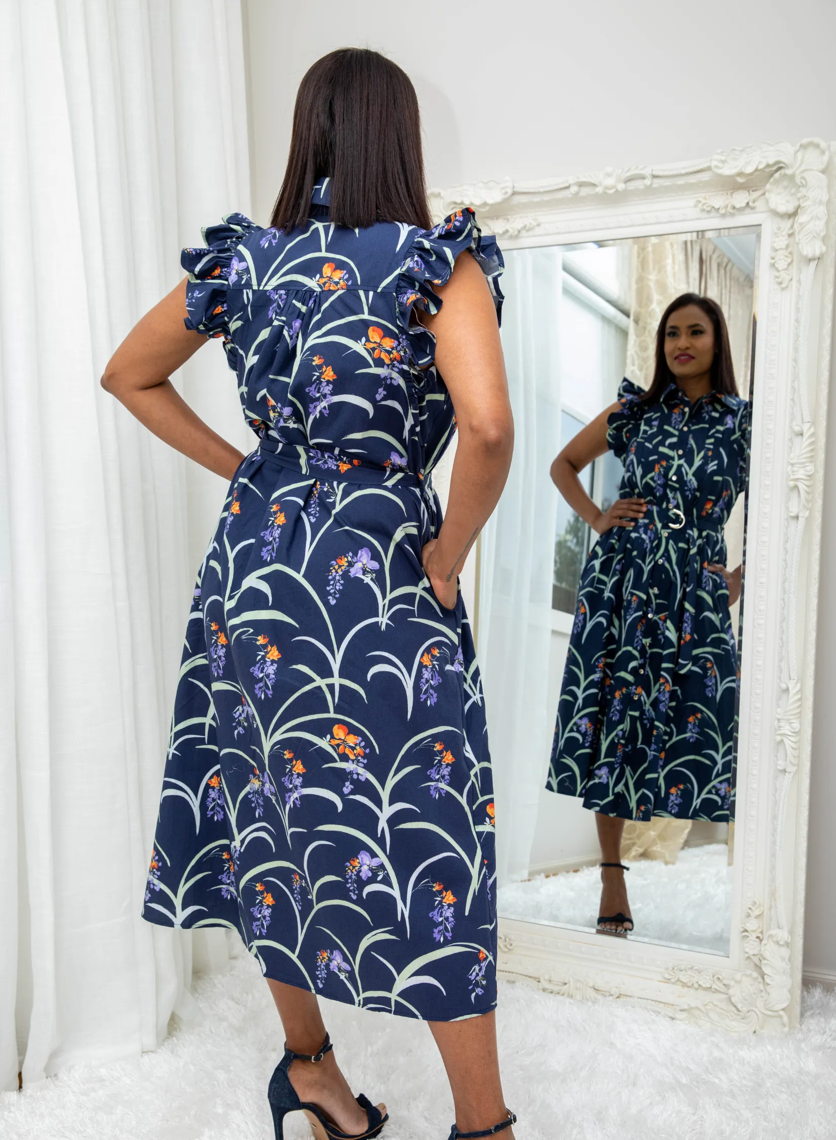 Zia Navy Blue Floral Ruffle Sleeve Dress