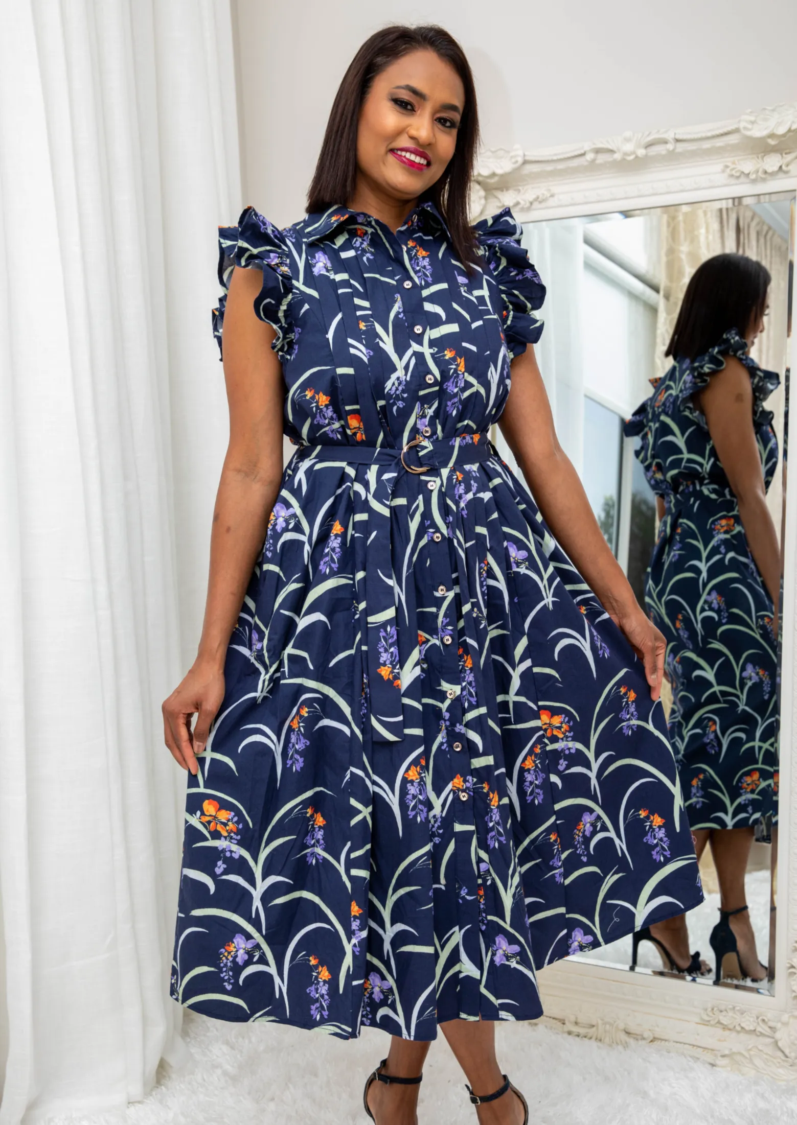 Zia Navy Blue Floral Ruffle Sleeve Dress